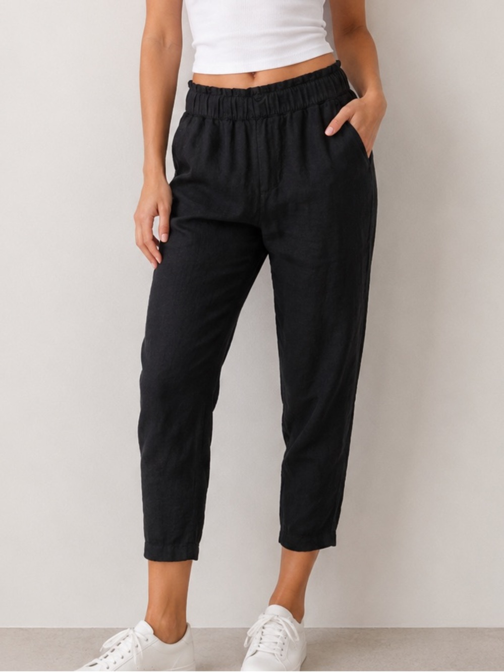 H&M Linen Blend High Rise Ankle Crop Jogger Pants Black Size 2